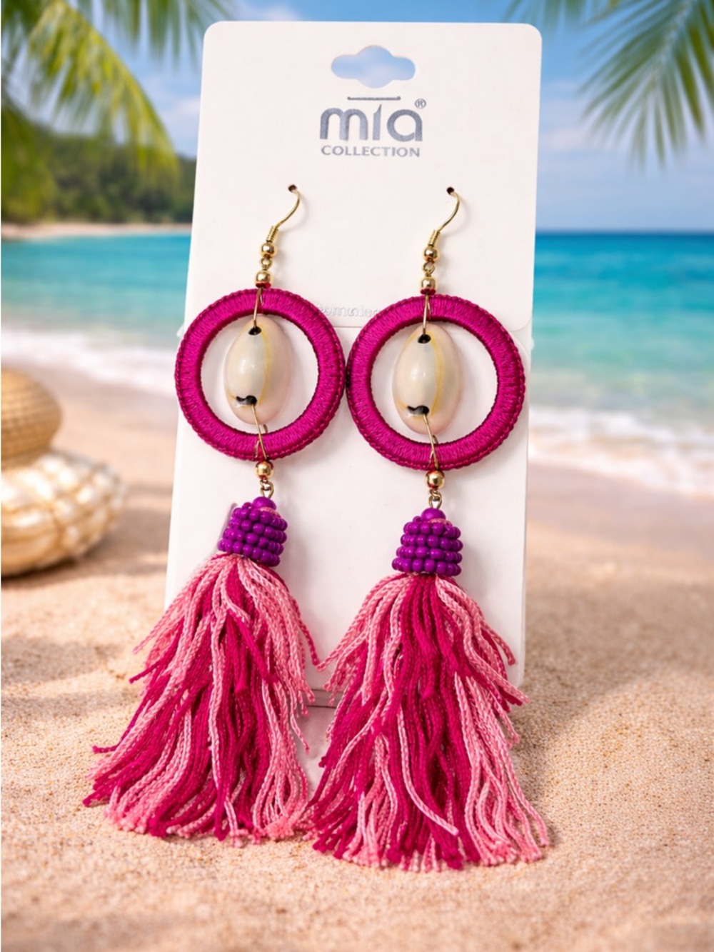 Boho Pink Tassel Earrings w/ Cowrie Shell / MIA Collection NWT Statement